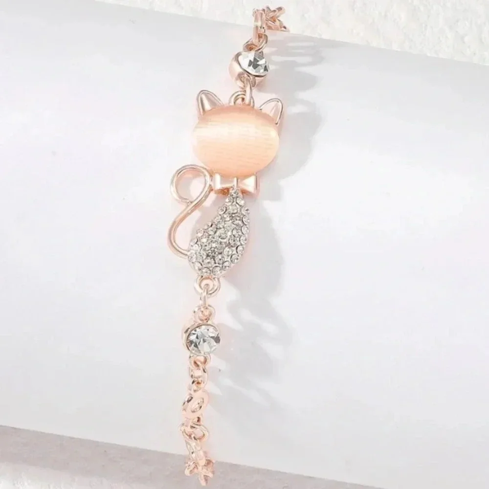 Fashionable pretty rose gold and rhinestone cat bracelet gift women cat lovers